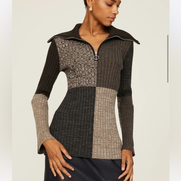 SANDRO Moria Wool Gray colorblock patchwork Sweater sophisticate preppy women XL - Picture 1 of 13